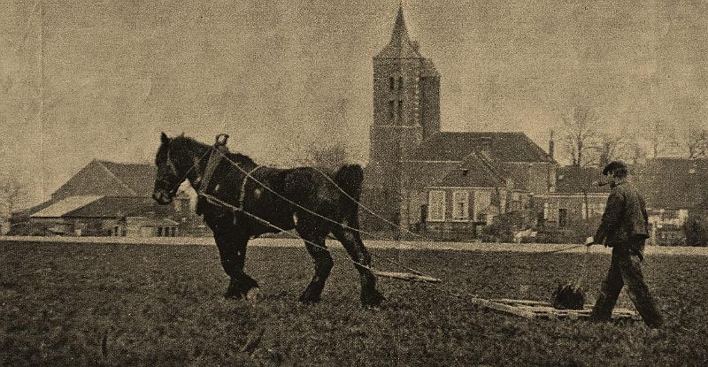 Personalia-Ritthem-2325.jpg - Bram Breel aan het eggen op achtergrond links boerderij Tange midden pastorie aan sluitend Dorpstraat